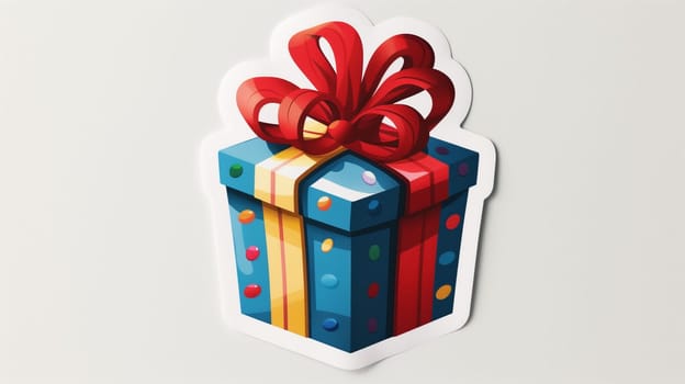 A vibrant gift box decorated with colorful polka dots and a large red ribbon is positioned against a neutral background. The design features bold colors that evoke a sense of celebration and joy, perfect for any special occasion.