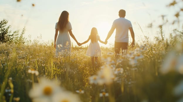 A family of three strolls together through a vibrant field of wildflowers, enjoying a warm sunset together.