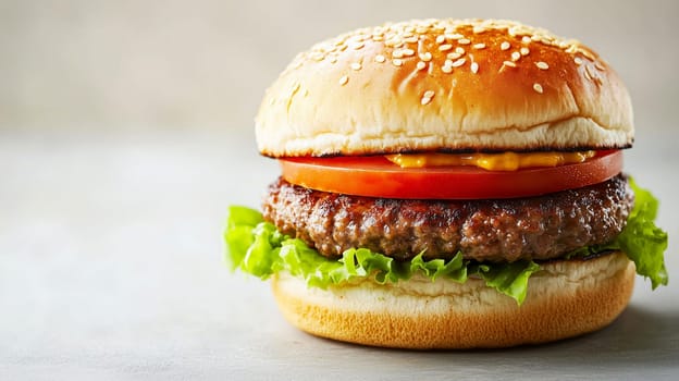 A delicious hamburger featuring a tender beef patty, crisp lettuce, fresh tomato, and a sesame seed bun on a neutral backdrop.