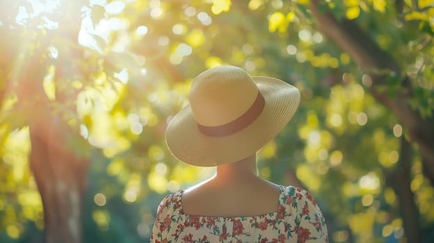 A woman enjoys a leisurely stroll in a vibrant park, surrounded by lush greenery and soft sunlight filtering through the trees. Her floral dress and wide-brimmed straw hat add charm to the tranquil atmosphere of the afternoon.