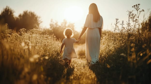 A woman and her child stroll together in a sun-drenched meadow, enjoying a warm evening, surrounded by tall grass and soft light.