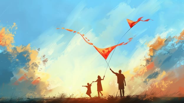 A family stands together in a vibrant landscape, joyfully flying colorful kites against a stunning sunset backdrop. The warm colors of the sky contrast with their silhouettes, creating a serene and joyful atmosphere.