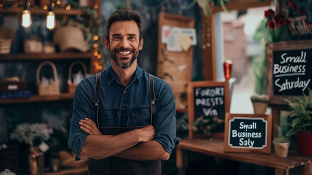 A dedicated small business owner stands proudly at a vibrant event aimed at promoting local businesses, showcasing the community spirit and support for entrepreneurship on a bustling Saturday morning.