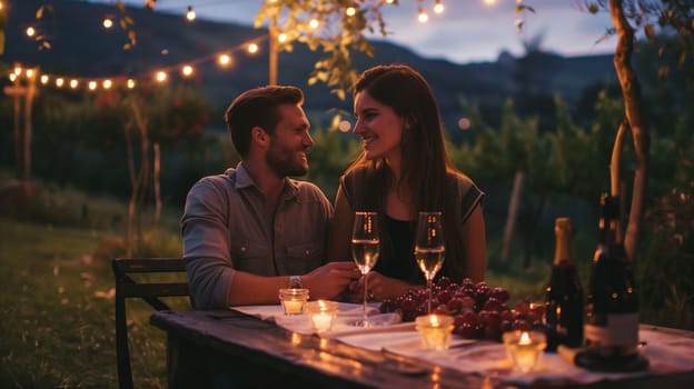 A couple enjoys an intimate picnic in a vineyard as the sun sets. Surrounded by glowing string lights, they share laughter, glasses of sparkling drink, and a platter of fresh fruits and candles. The serene atmosphere enhances their affectionate connection.