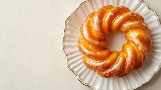 A beautifully glazed bundt cake with a shiny orange icing sits on a decorative plate in a bright kitchen. The treat is inviting and perfect for dessert or snack time.