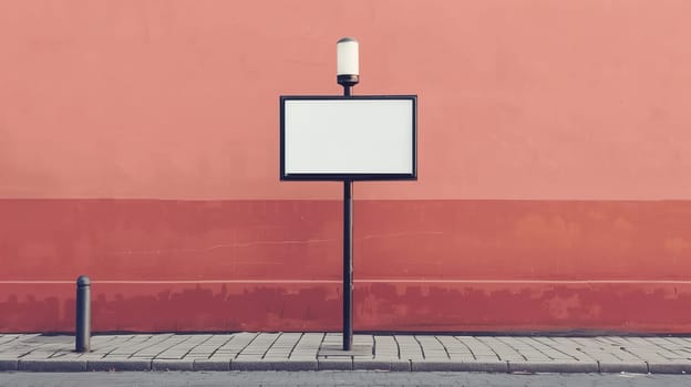 A solitary street sign post stands empty beside a cobblestone pathway, featuring a stark white board. The vibrant wall behind it creates a bold contrast.