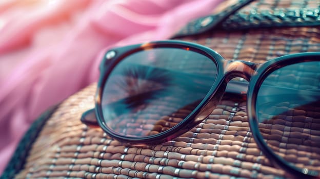 A pair of fashionable sunglasses rests on a textured woven bag, reflecting the warm sunlight of the afternoon. The soft, pink backdrop adds a vibrant touch to the relaxing scene, perfect for a day at the beach or a summer outing.