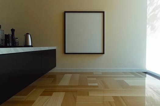 Modern minimalist kitchen with black cabinets, marble countertop and a hardwood floor is showing an empty frame on a wall, perfect for your product or design