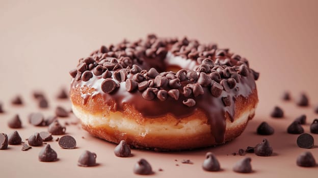 A delicious donut topped with chocolate icing and sprinkled with mini chocolate chips sits on a soft pastel surface, highlighting its tempting sweetness and inviting appearance.