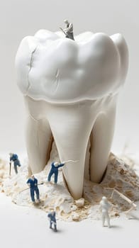 Miniature workers fixing and cleaning a large tooth, conceptual dental care