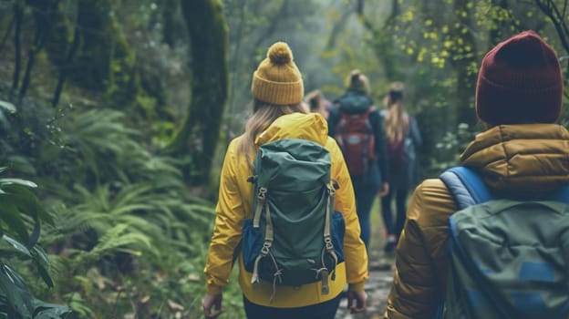 A vibrant group of hikers navigates a dense forest trail, surrounded by rich greenery and towering trees. The atmosphere is serene, with overhead clouds filtering sunlight, creating a calm fall ambiance. Each hiker carries a backpack and wears weather-appropriate clothing, showcasing their enthusiasm for the outdoors.