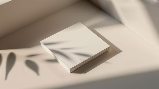 A stack of blank notepads rests on a light-colored surface, illuminated by soft sunlight streaming through a nearby window. Delicate shadows from nearby foliage dance across the surface, enhancing the tranquility of the minimalist setting.