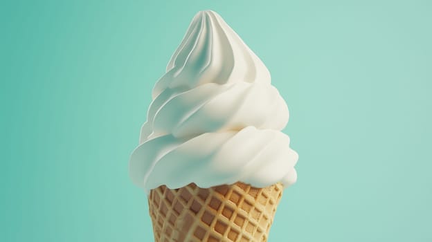 A swirl of soft serve ice cream fills a waffle cone, set against a pastel blue backdrop, evoking a refreshing treat.