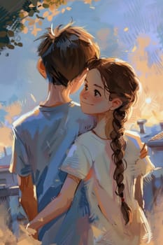A boy and a girl stand with their backs to each other. Cartoon characters are a boy and a girl. Illustration.