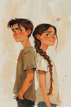A boy and a girl stand with their backs to each other. Cartoon characters are a boy and a girl. Illustration.