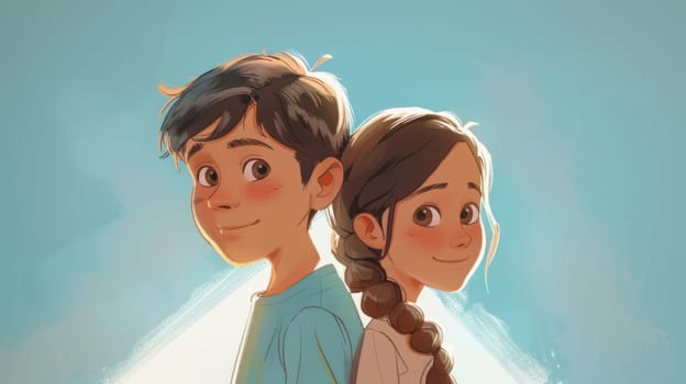 A boy and a girl stand with their backs to each other. Cartoon characters are a boy and a girl. Illustration.