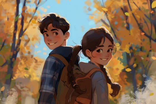 A boy and a girl stand with their backs to each other. Cartoon characters are a boy and a girl. Illustration.