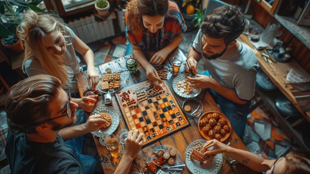 A group of people are playing a board game at home. Friends play a board game together while sitting at home.