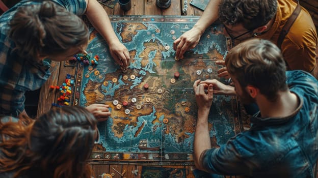A group of people are playing a board game at home. Friends play a board game together while sitting at home.