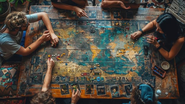 A group of people are playing a board game at home. Friends play a board game together while sitting at home.
