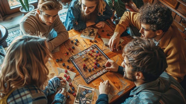 A group of people are playing a board game at home. Friends play a board game together while sitting at home.