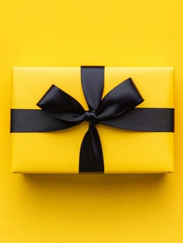 A striking yellow gift box tied with a black ribbon, symbolizing elegance and sophistication.