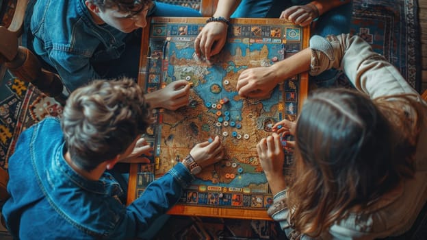 A group of people are playing a board game at home. Friends play a board game together while sitting at home.