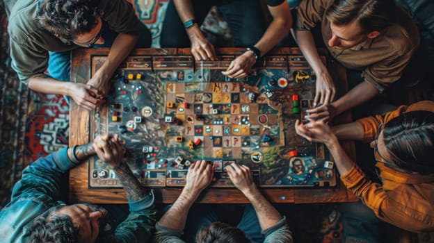 A group of people are playing a board game at home. Friends play a board game together while sitting at home.