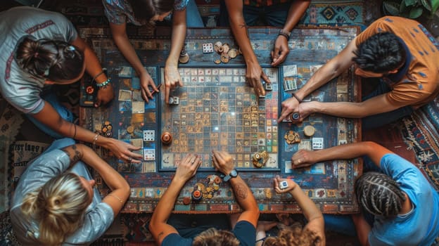 A group of people are playing a board game at home. Friends play a board game together while sitting at home.
