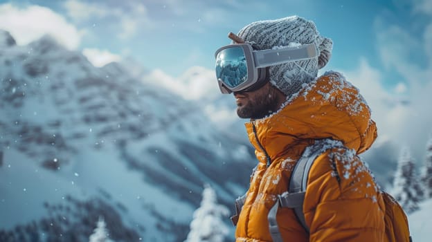A traveler with glasses on top of a snow-covered cliff enjoys the scenery.