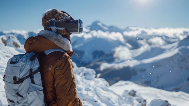 A man wearing virtual reality glasses on top of a snow-covered mountain.