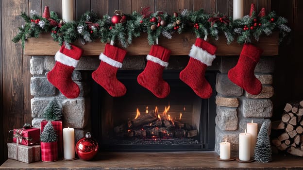 Christmas stockings hanging on fireplace mantel. Cozy winter holiday home decor.