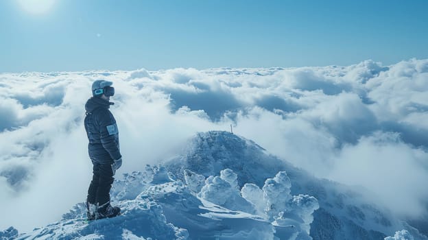 A traveler with glasses on top of a snow-covered cliff enjoys the scenery.