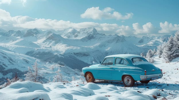 A blue retro car stands on top of a snow-covered mountain.