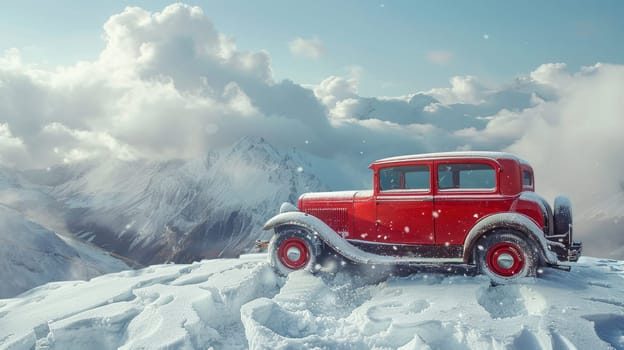 A red retro car stands on top of a snow-covered mountain.