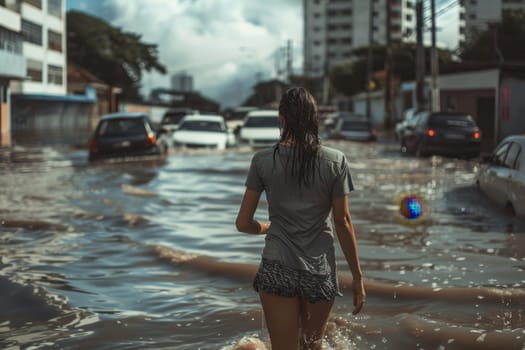 A girl in a T-shirt walks through a flooded city. Heavy rain flooded the streets of the city.