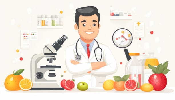 Doctor is smiling in his laboratory with his arms crossed, surrounded by fruits, a microscope, and other scientific equipment