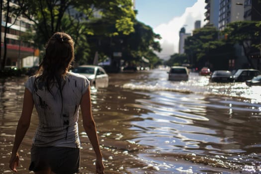 A girl in a T-shirt walks through a flooded city. Heavy rain flooded the streets of the city.