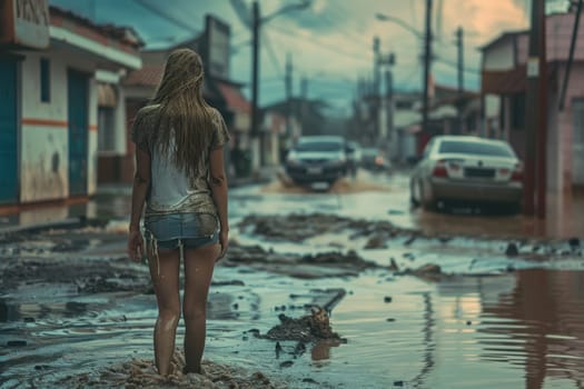 A girl in a T-shirt walks through a flooded city. Heavy rain flooded the streets of the city.
