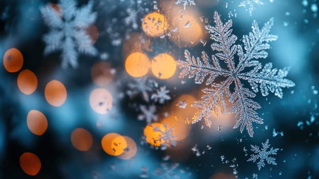 Snowflakes on window with bokeh lights. Winter, Christmas, holiday background.