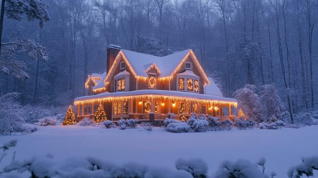 Festive Victorian house with Christmas lights in a snowy winter landscape. Cozy, magical winter scene for holiday greetings and Christmas cards.