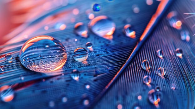 Drops of water on blue feathers. Transparent drops of rainwater on blue feathers.
