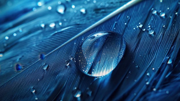 Drops of water on blue feathers. Transparent drops of rainwater on blue feathers.
