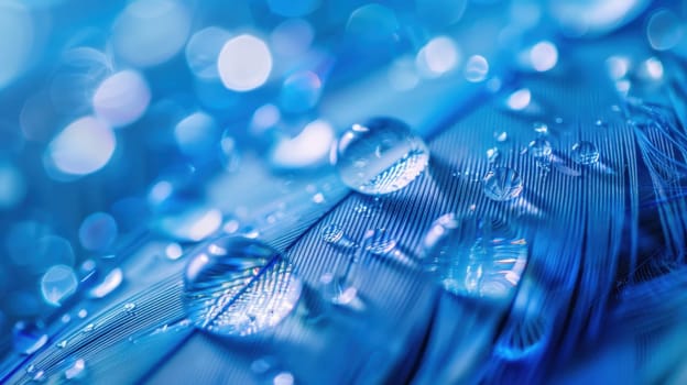 Drops of water on blue feathers. Transparent drops of rainwater on blue feathers.