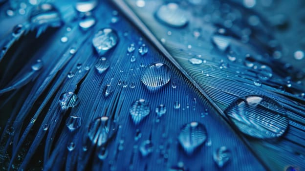 Drops of water on blue feathers. Transparent drops of rainwater on blue feathers.