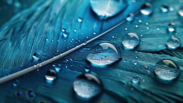 Drops of water on blue feathers. Transparent drops of rainwater on blue feathers.