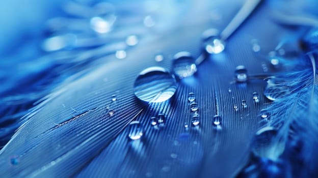 Drops of water on blue feathers. Transparent drops of rainwater on blue feathers.