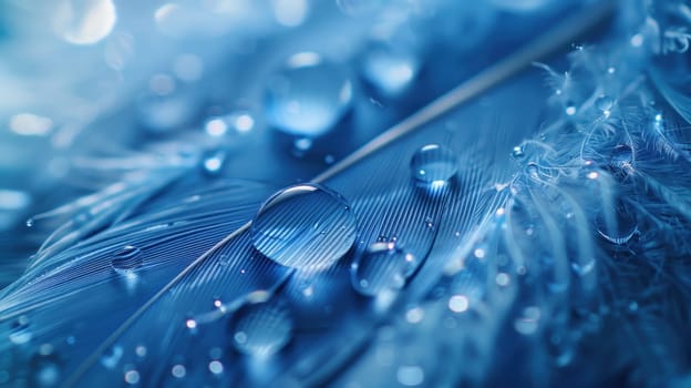 Drops of water on blue feathers. Transparent drops of rainwater on blue feathers.