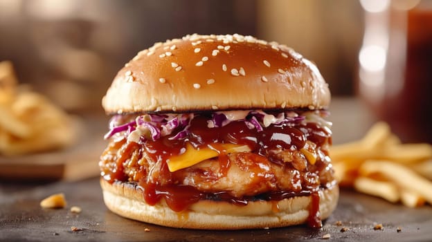 A hearty barbecue chicken sandwich sits on a plate beside golden fries, showcasing layers of flavor and fresh ingredients.