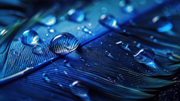 Drops of water on blue feathers. Transparent drops of rainwater on blue feathers.